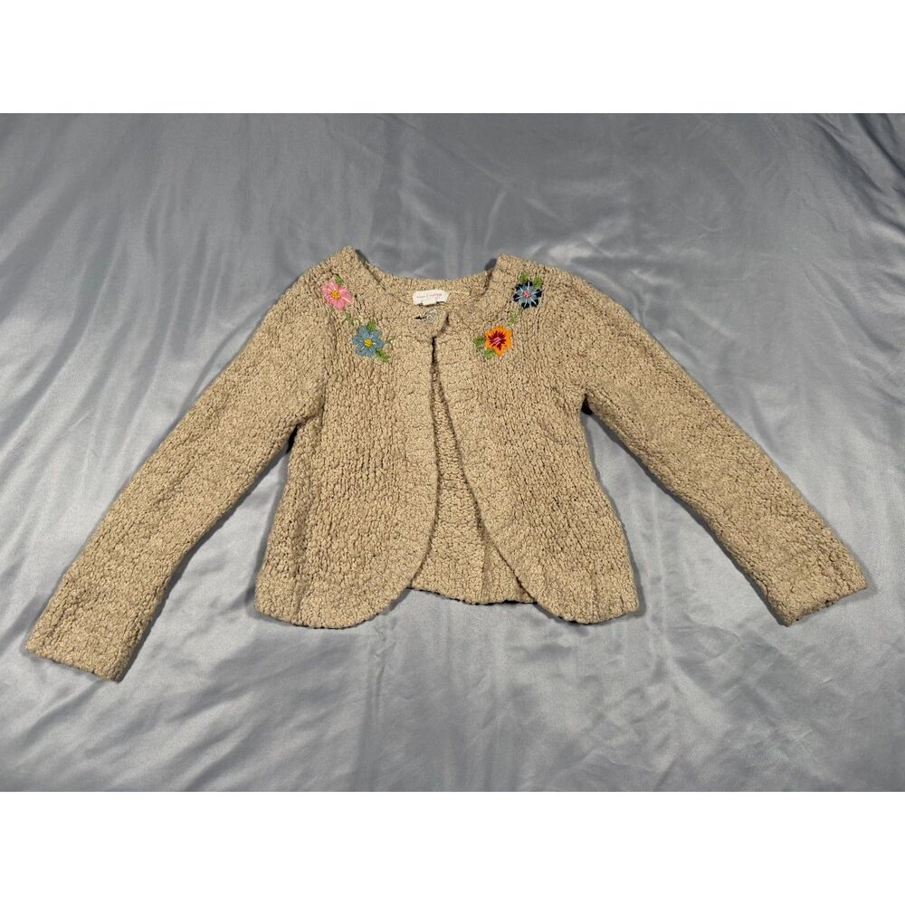 Mimi & Maggie Girls Popcorn Knit Cardigan Size M Beige Embroidered Floral Boho